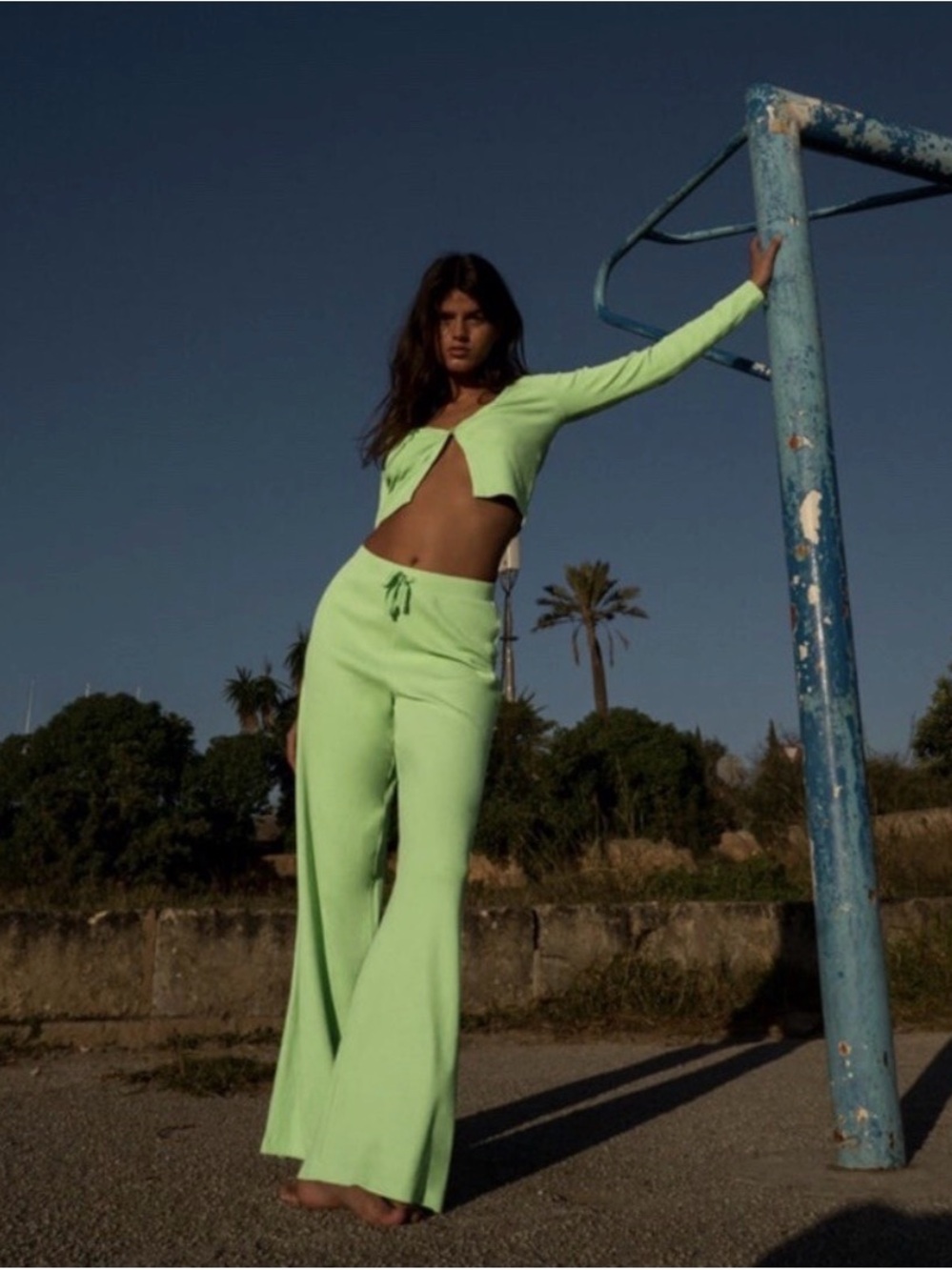 Zara SET Light Green Wide-Leg Drawstring Pants AND Cardigan Top